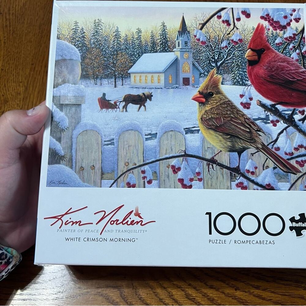 Kim Norlein White Crimson Morning 1000 Piece Jigsaw Puzzle Cardinals in the Snow